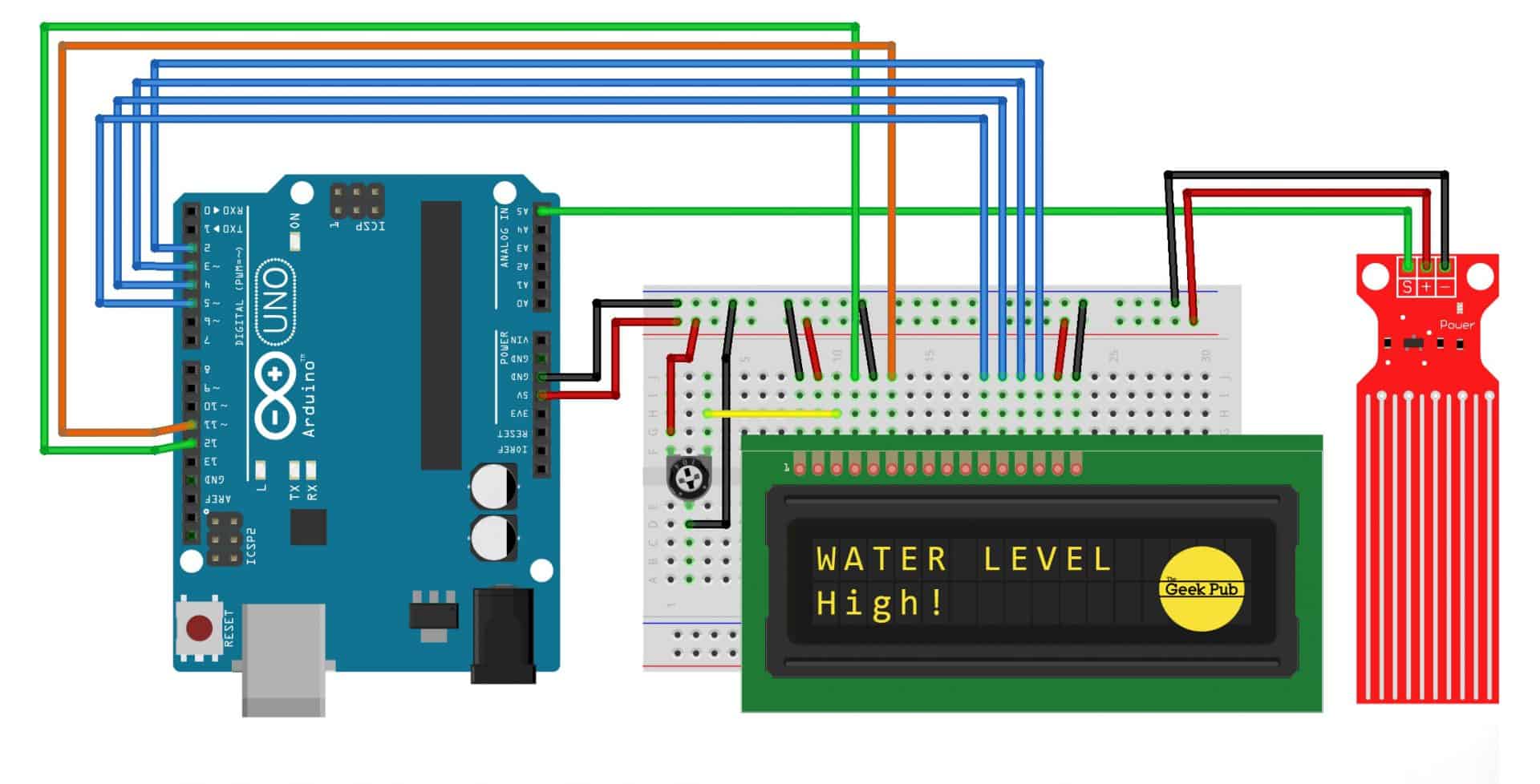 arduino water level sensor with LCD Display wiring diagram