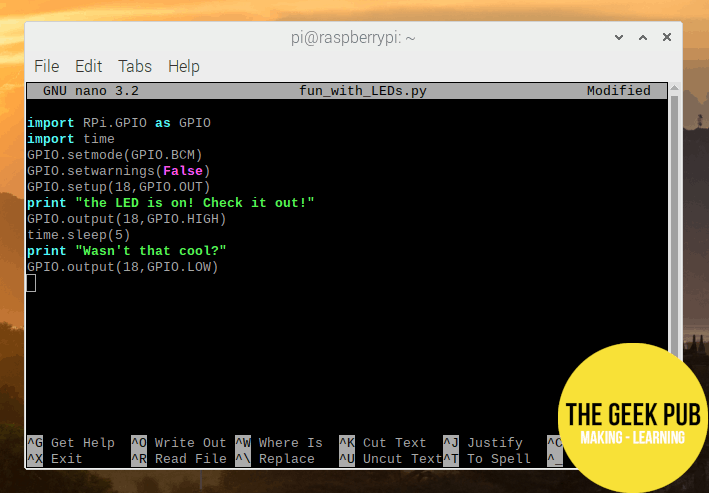 The code we'll use to light the LED in this Raspbery Pi GPIO tutorial