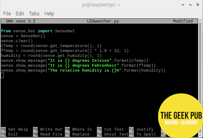 This version of our Raspberry Pi weather station Python code will print our results to the Sense HAT's LED matrix