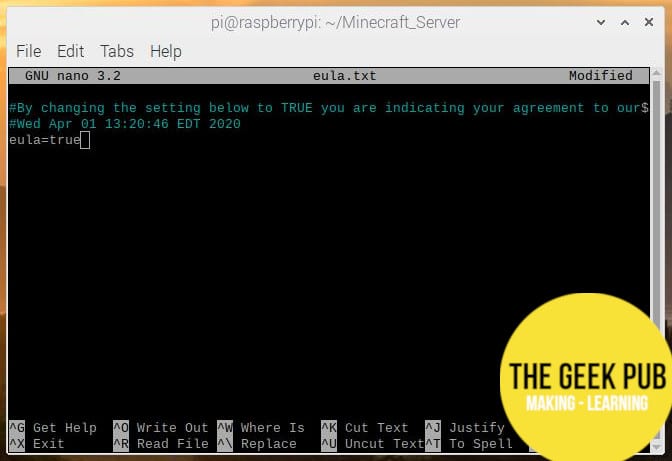 Marking the EULA as read in order to run our Raspberry Pi Minecraft server